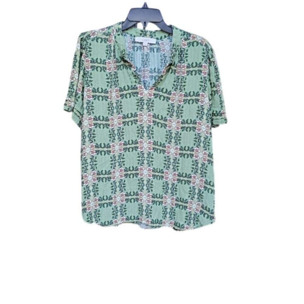 Loft Sage Green Blouse Intricate Tiled Vine Floral Pattern Size L